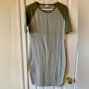 LuLaRoe Julia dress, grey/green baseball tee design. Size Medium. NWT